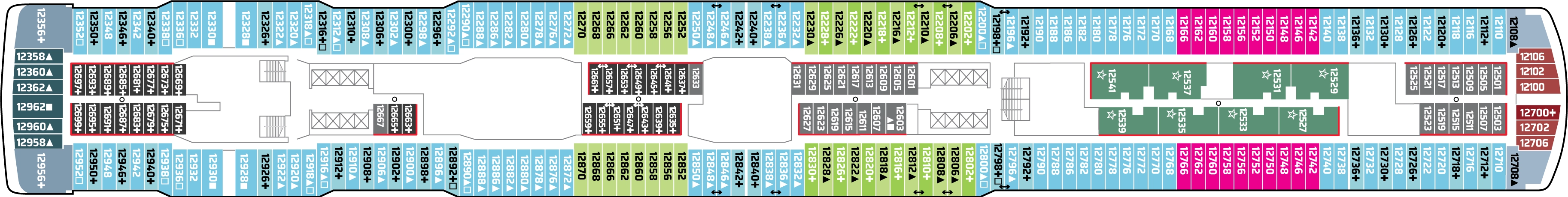 Norwegian Joy, Deck 12: official cabin and venue layout