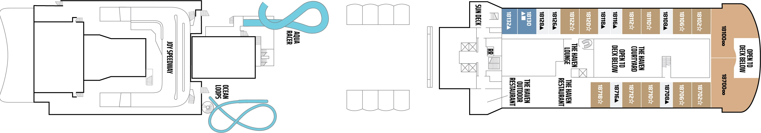 Norwegian Joy, Deck 18: official cabin and venue layout