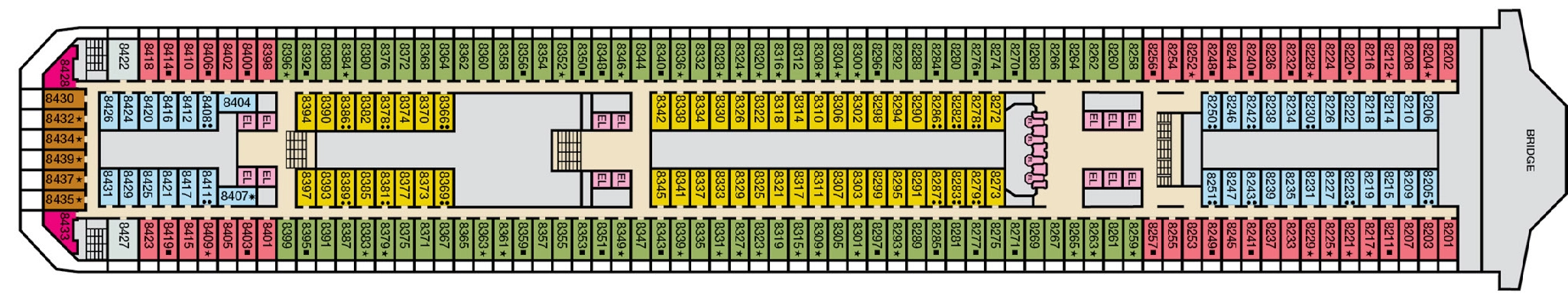 Carnival Radiance, Deck 8: official cabin and venue layout