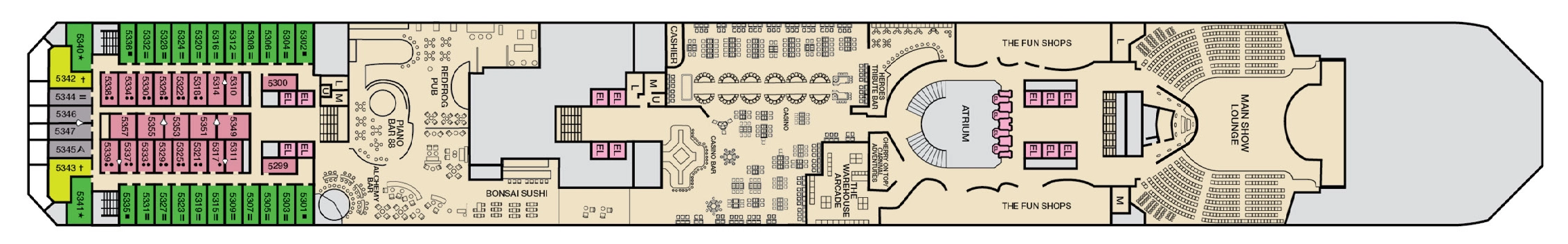 Carnival Radiance, Deck 5: official cabin and venue layout