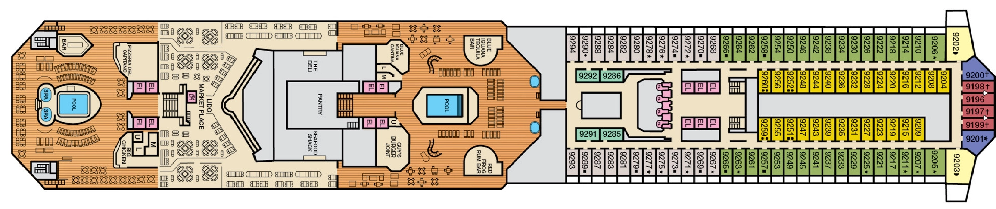 Carnival Radiance, Deck 9: official cabin and venue layout