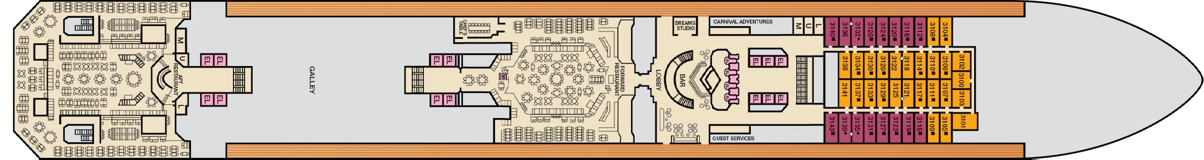Carnival Radiance, Deck 3: official cabin and venue layout