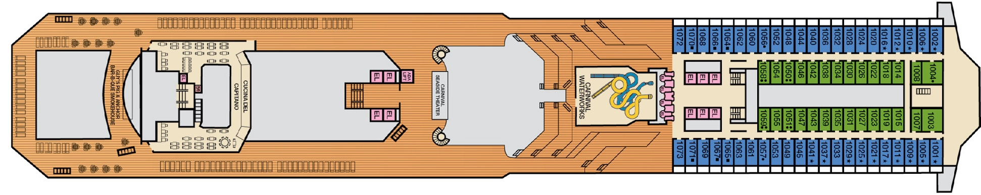 Carnival Radiance, Deck 10: official cabin and venue layout