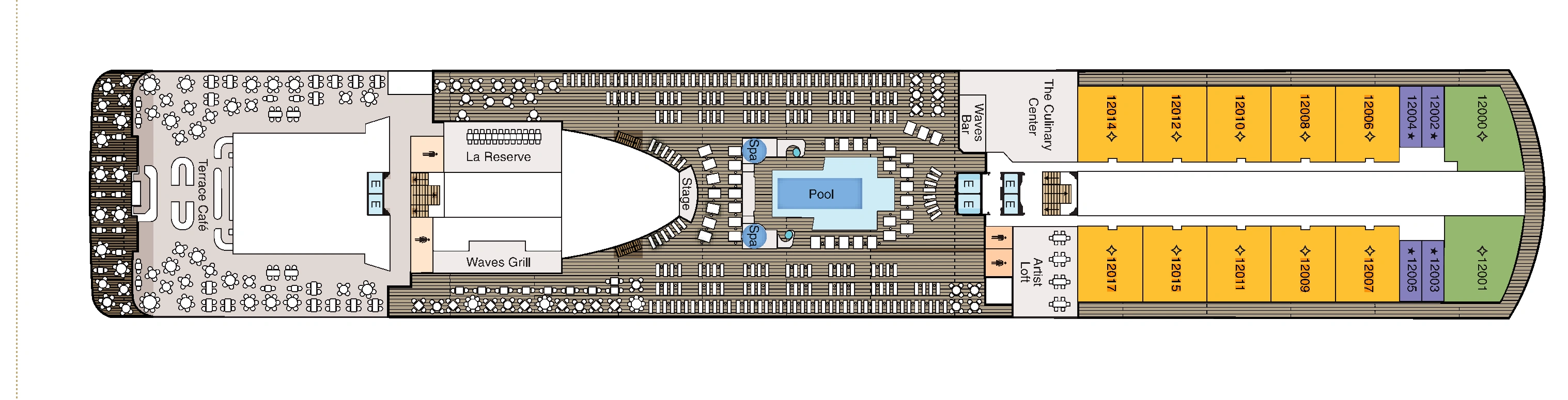 Oceania Riviera, Deck 12: official cabin and venue layout