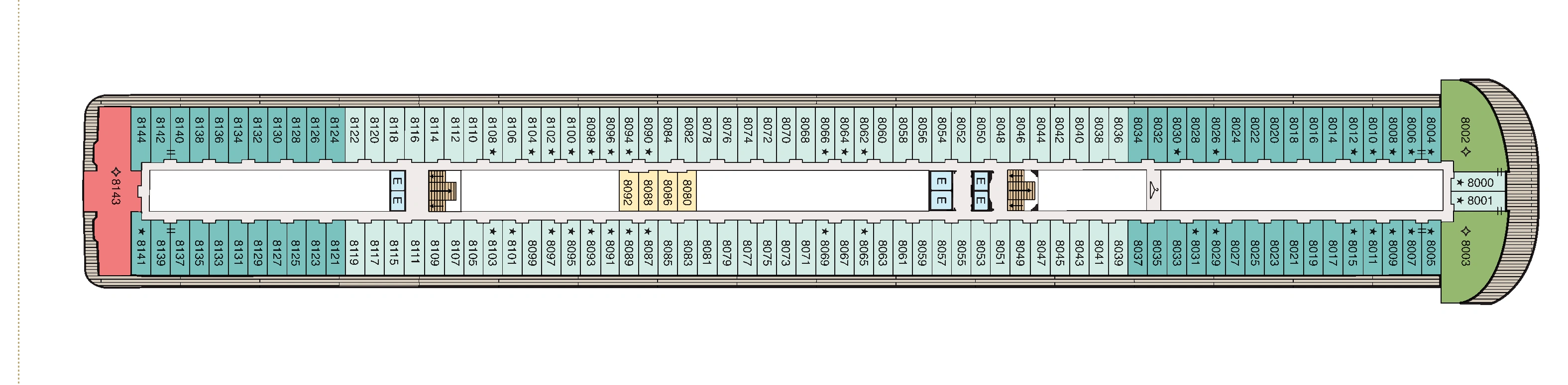 Oceania Riviera, Deck 8: official cabin and venue layout