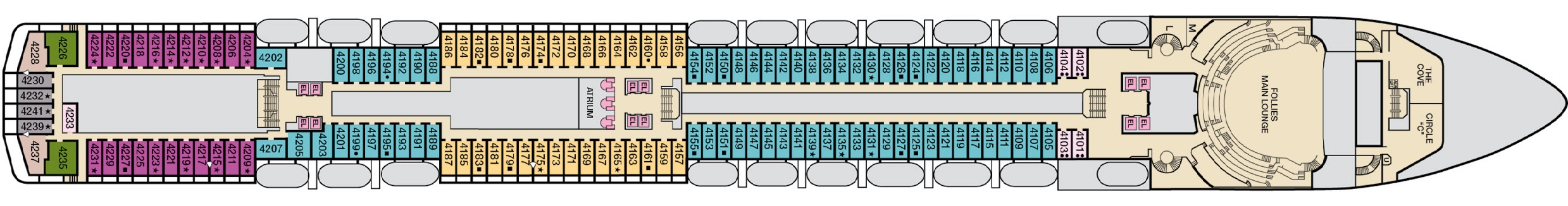 Carnival Legend, Deck 4: official cabin and venue layout
