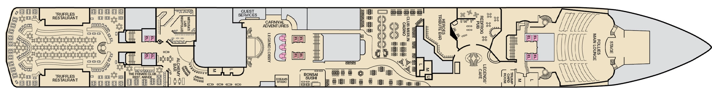 Carnival Legend, Deck 2: official cabin and venue layout