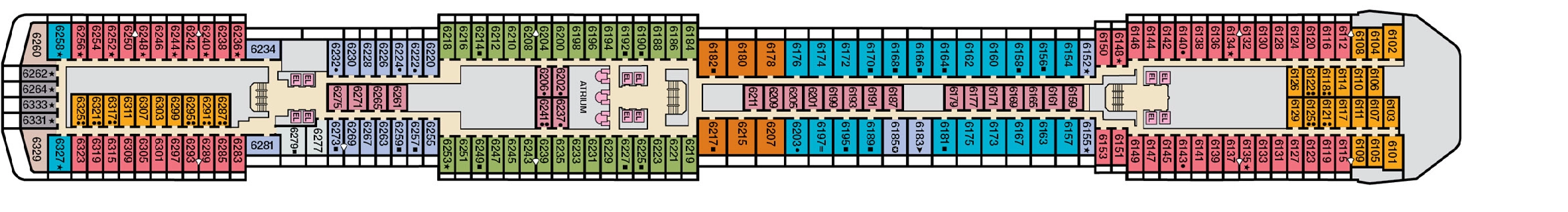 Carnival Legend, Deck 6: official cabin and venue layout