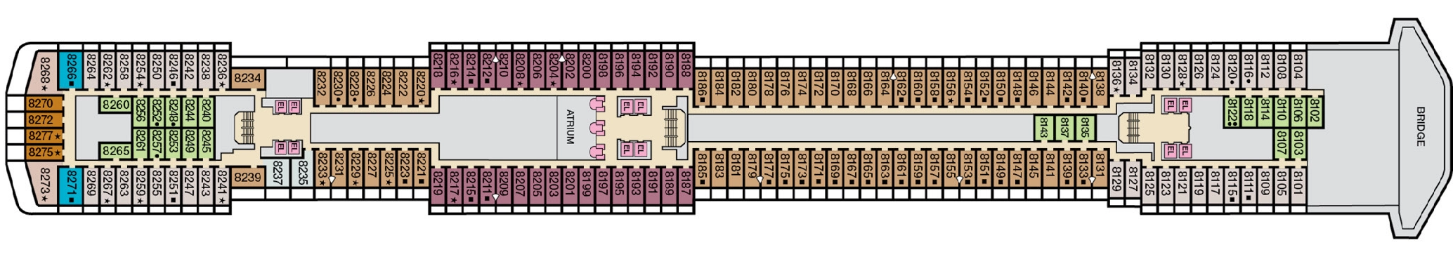 Carnival Legend, Deck 8: official cabin and venue layout