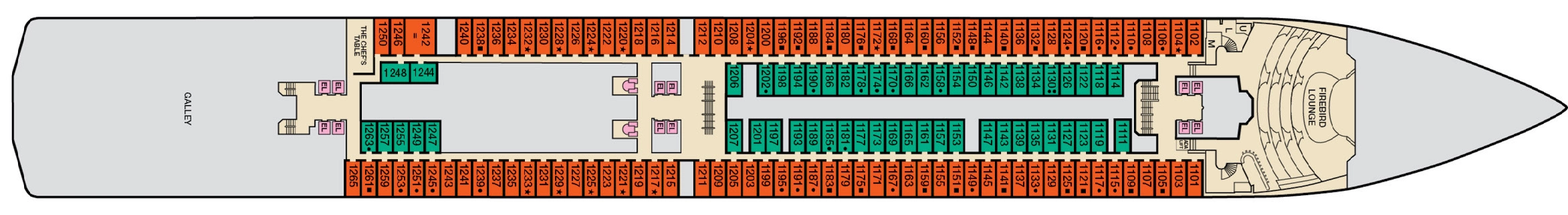 Carnival Legend, Deck 1: official cabin and venue layout