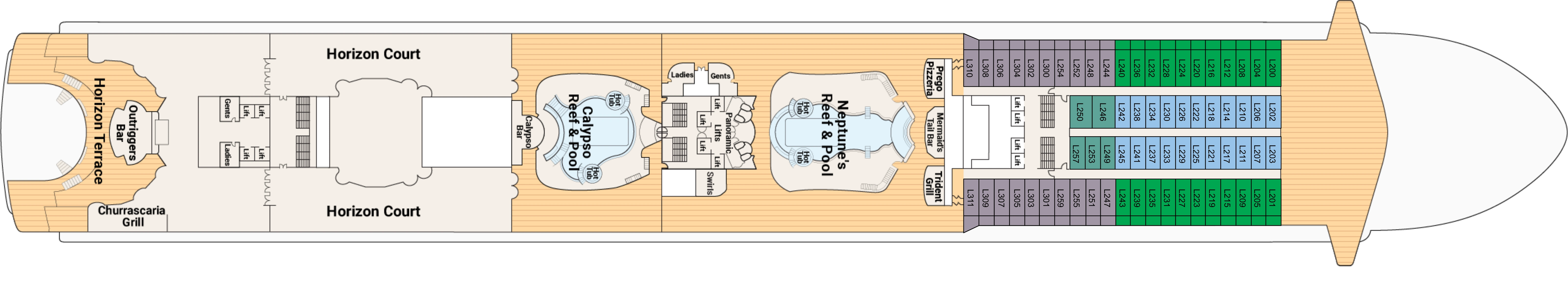 Diamond Princess, Deck 14: official cabin and venue layout