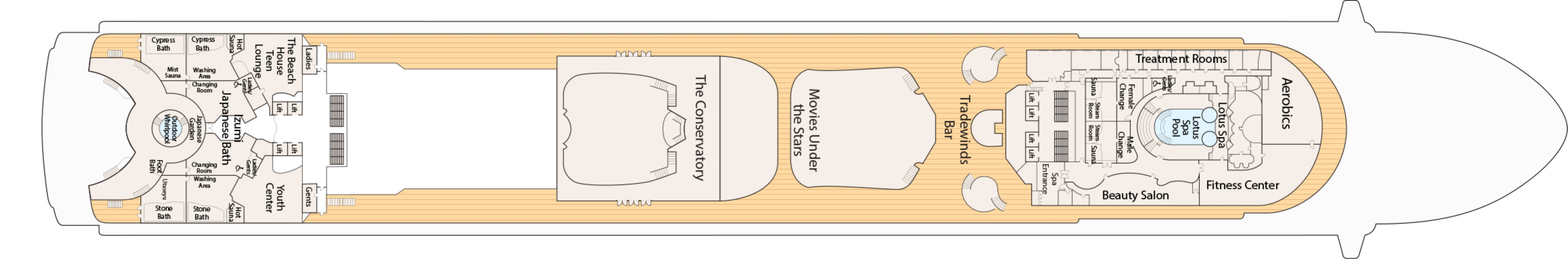 Diamond Princess, Deck 15: official cabin and venue layout