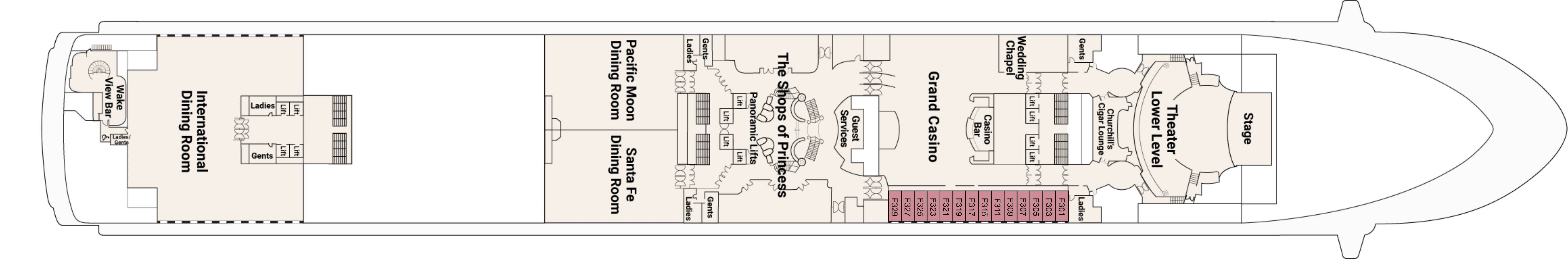 Diamond Princess, Deck 6: official cabin and venue layout