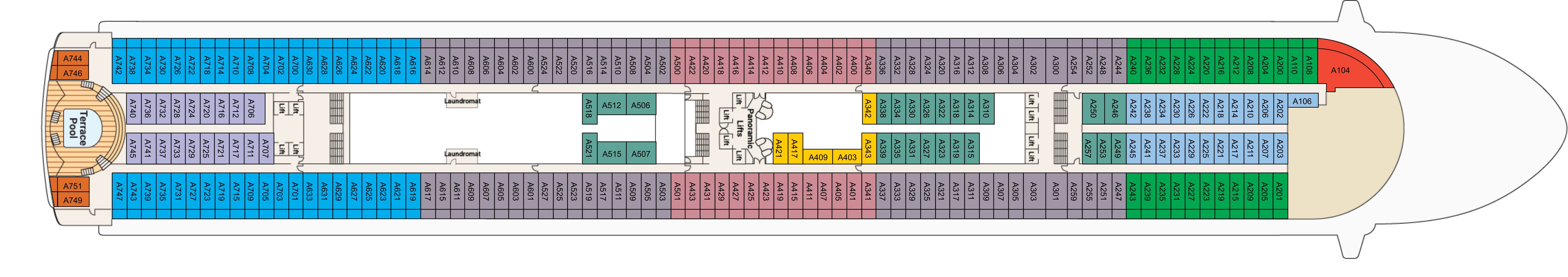 Diamond Princess, Deck 12: official cabin and venue layout