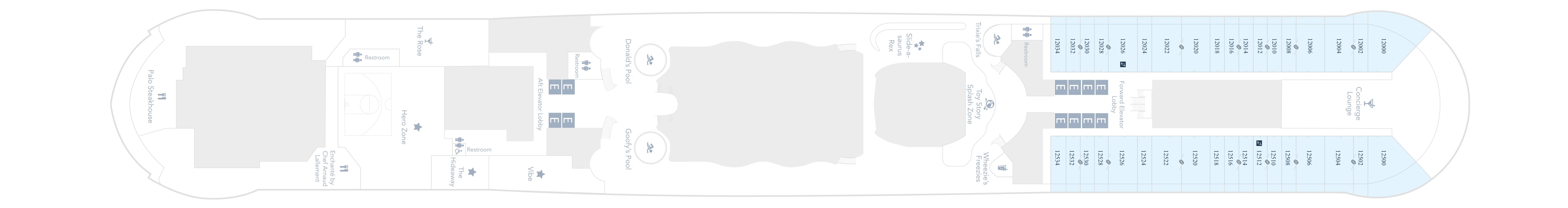 Disney Destiny, Deck 12: official cabin and venue layout