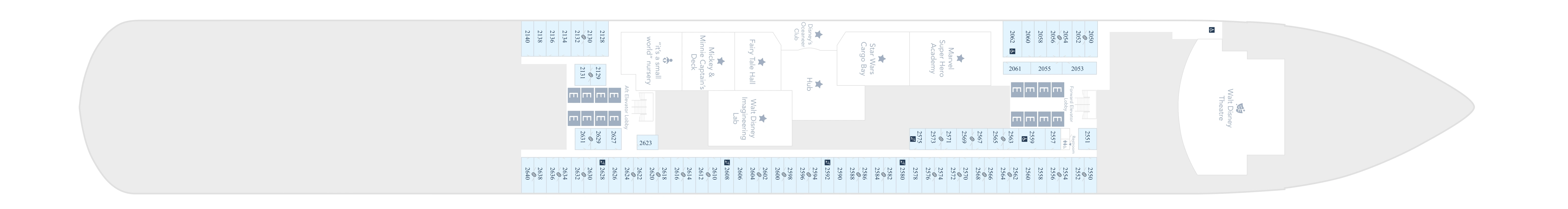 Disney Destiny, Deck 2: official cabin and venue layout
