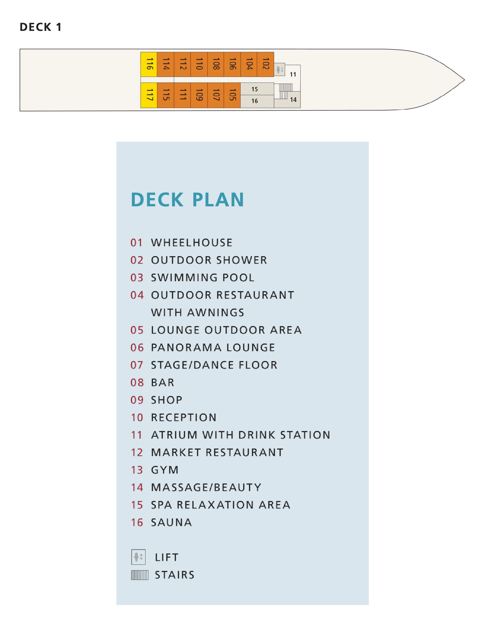 A-ROSA Alva, Deck 1: official cabin and venue layout