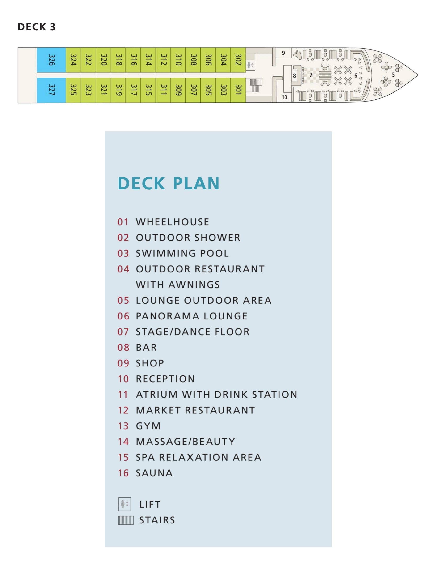 A-ROSA Alva, Deck 3: official cabin and venue layout