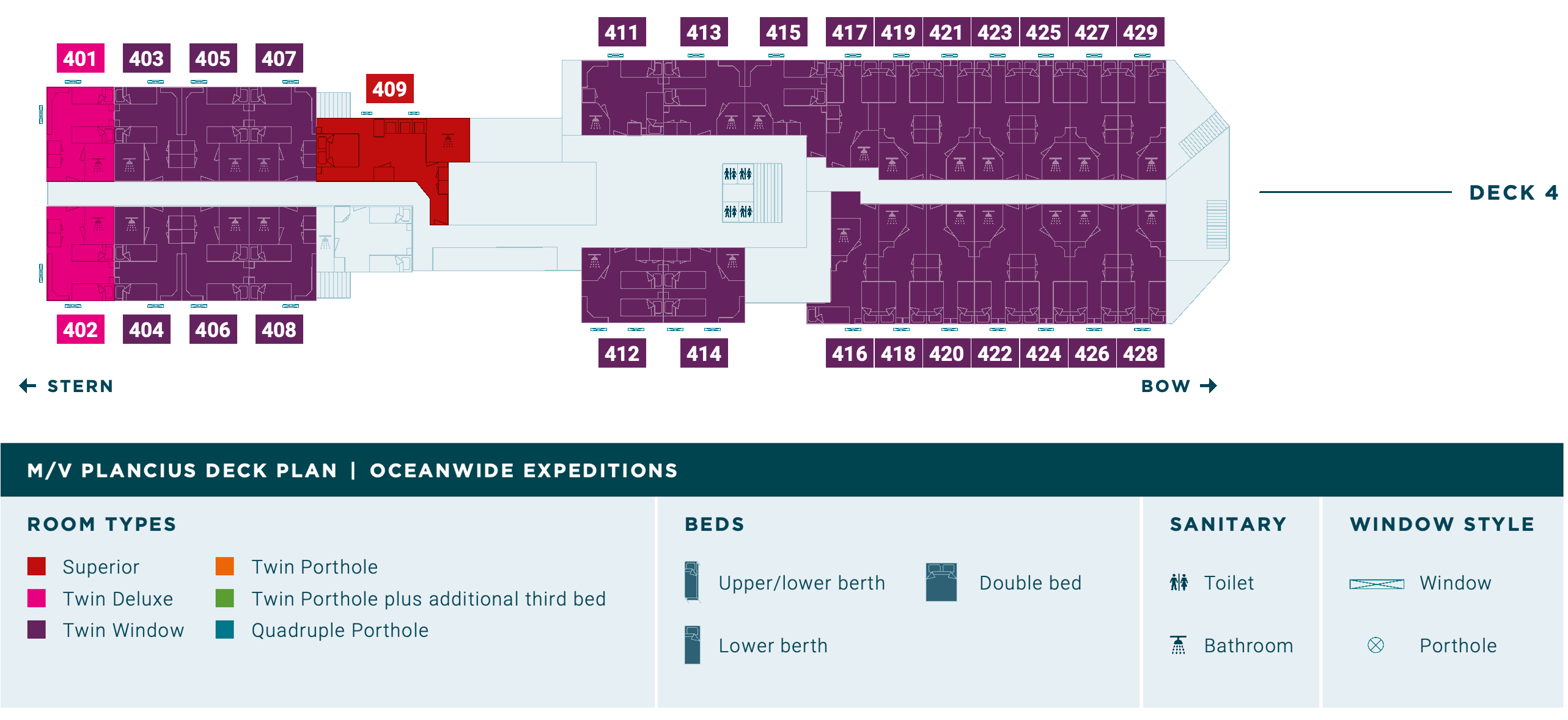 Plancius, Deck 4: official cabin and venue layout