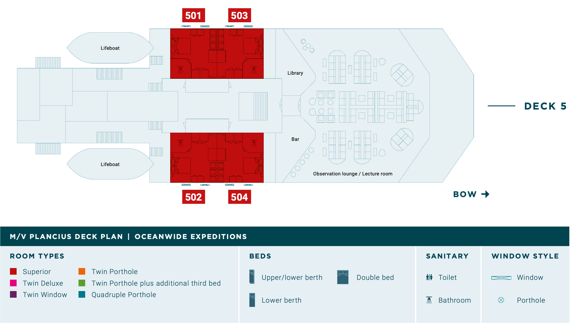 Plancius, Deck 5: official cabin and venue layout
