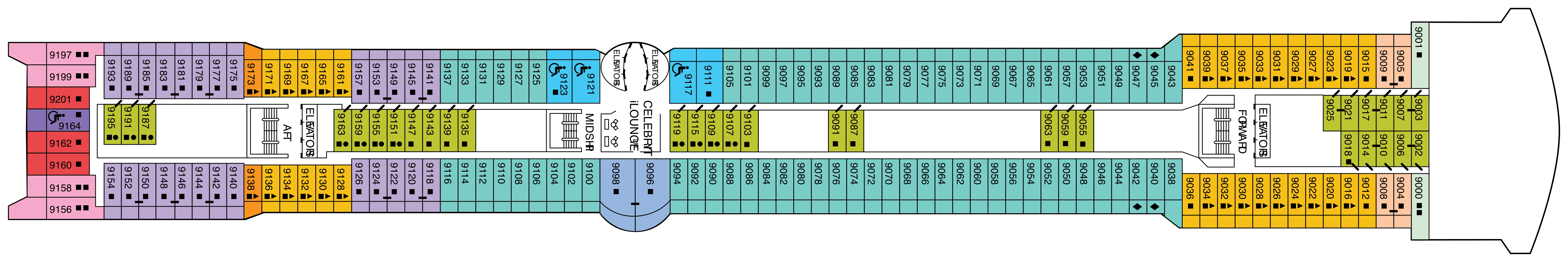 Celebrity Constellation, Deck 9: official cabin and venue layout