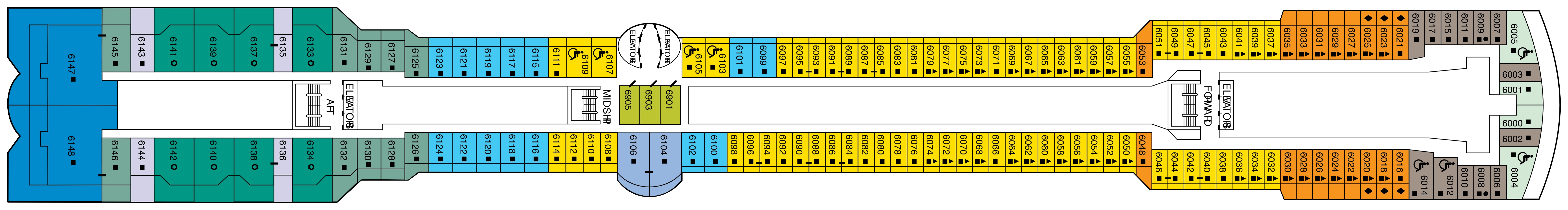 Celebrity Constellation, Deck 6: official cabin and venue layout