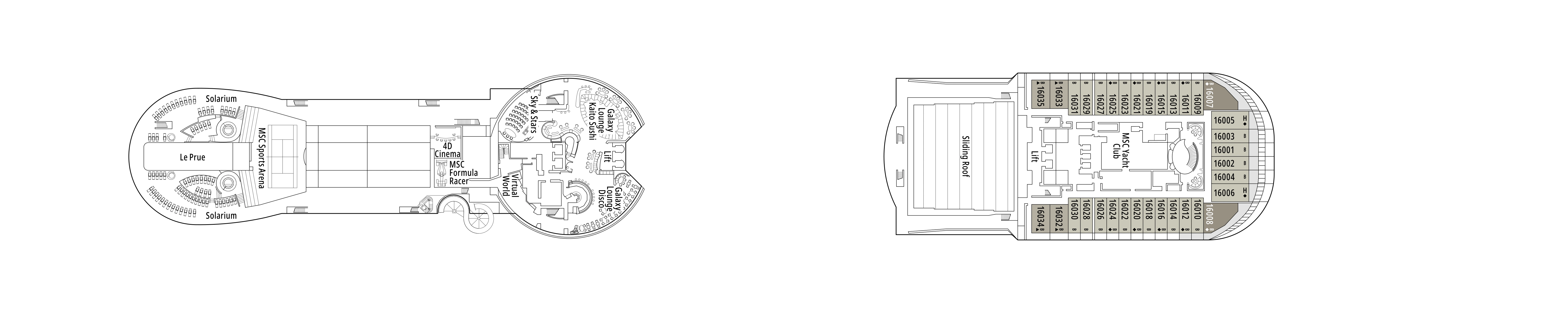 MSC Divina, Deck 16: official cabin and venue layout