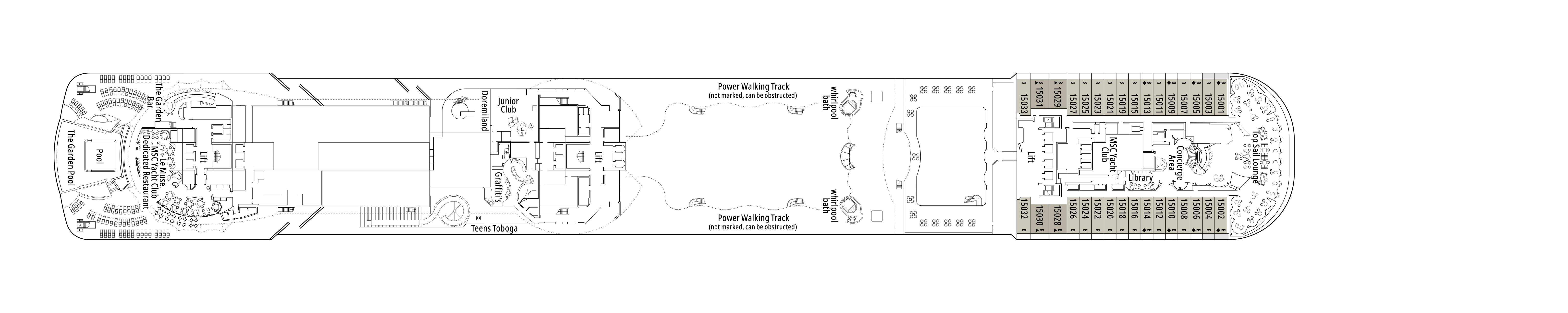 MSC Divina, Deck 15: official cabin and venue layout