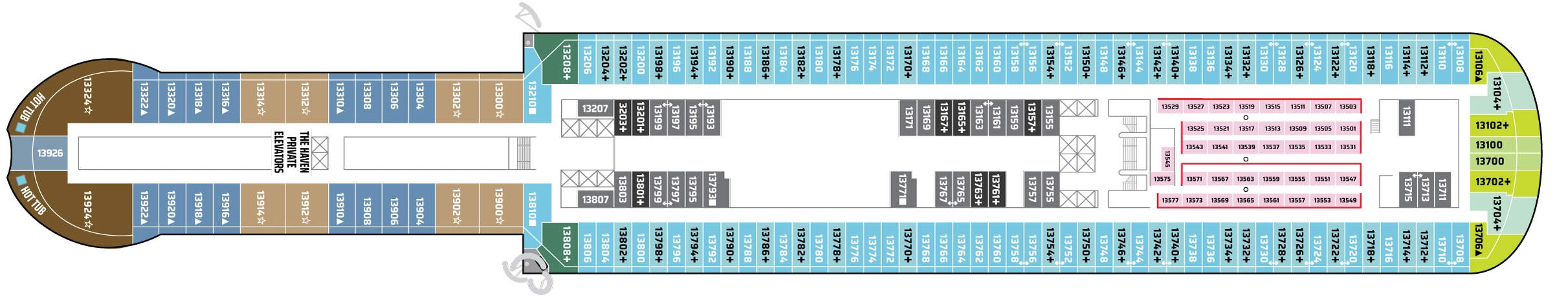 Norwegian Viva, Deck 13: official cabin and venue layout