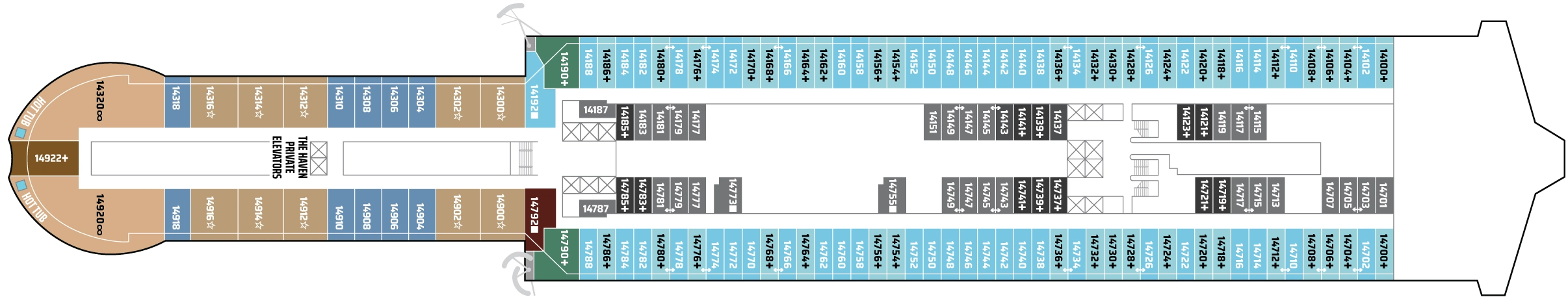 Norwegian Viva, Deck 14: official cabin and venue layout