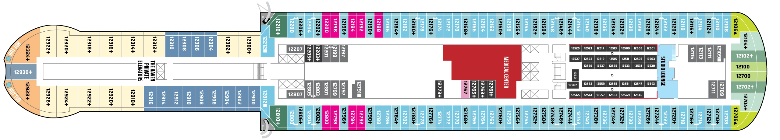 Norwegian Viva, Deck 12: official cabin and venue layout