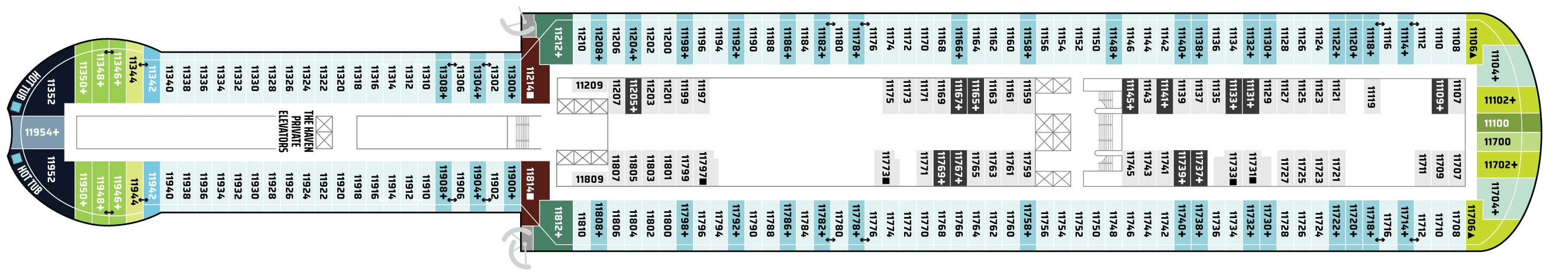 Norwegian Viva, Deck 11: official cabin and venue layout