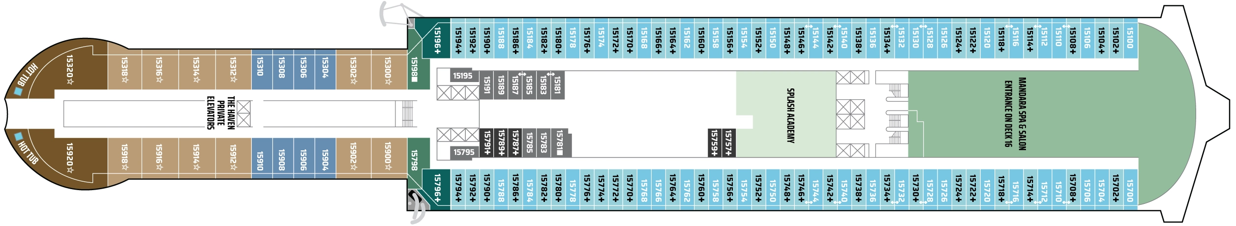 Norwegian Viva, Deck 15: official cabin and venue layout