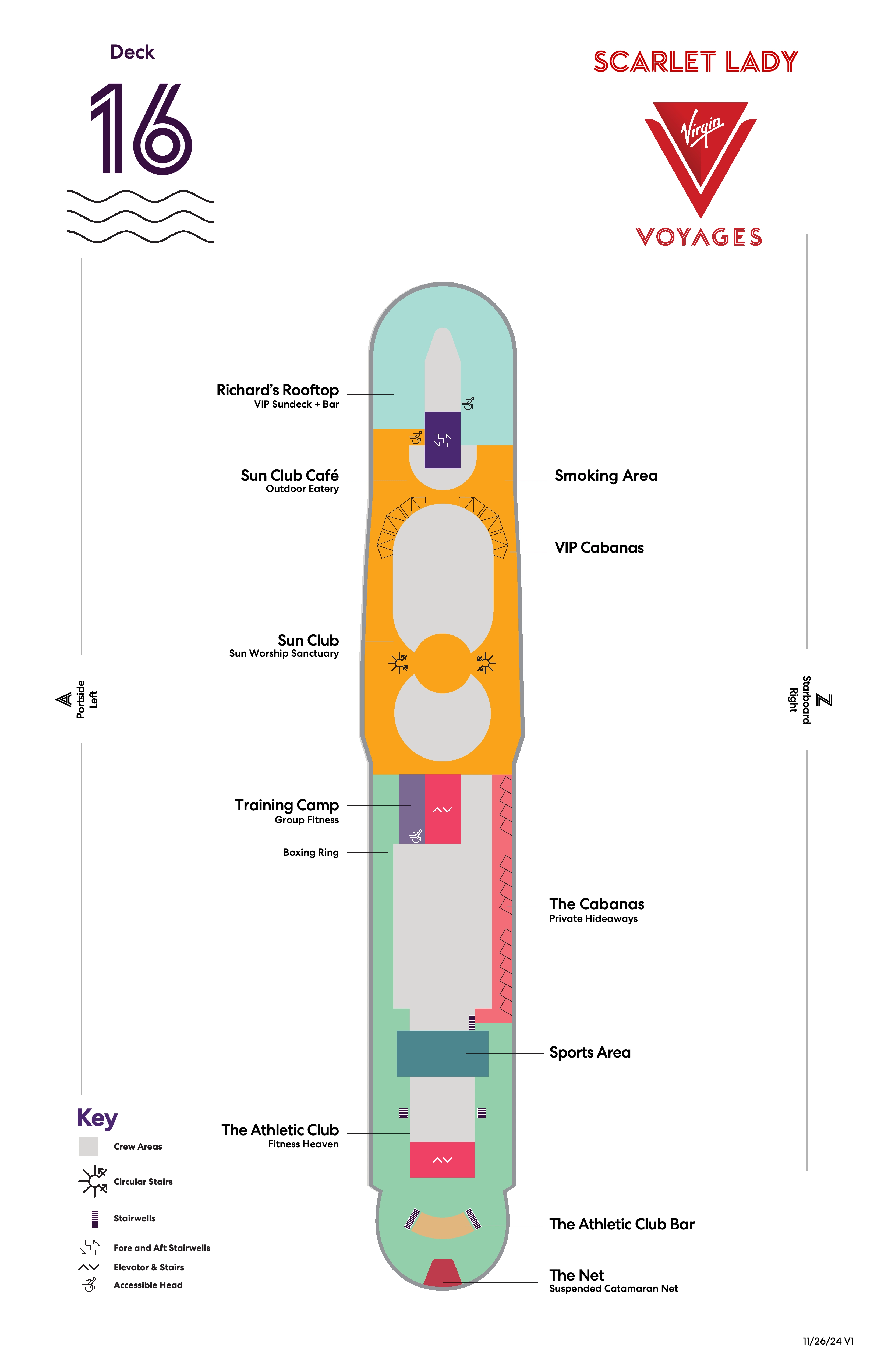Scarlet Lady, Deck 16: official cabin and venue layout