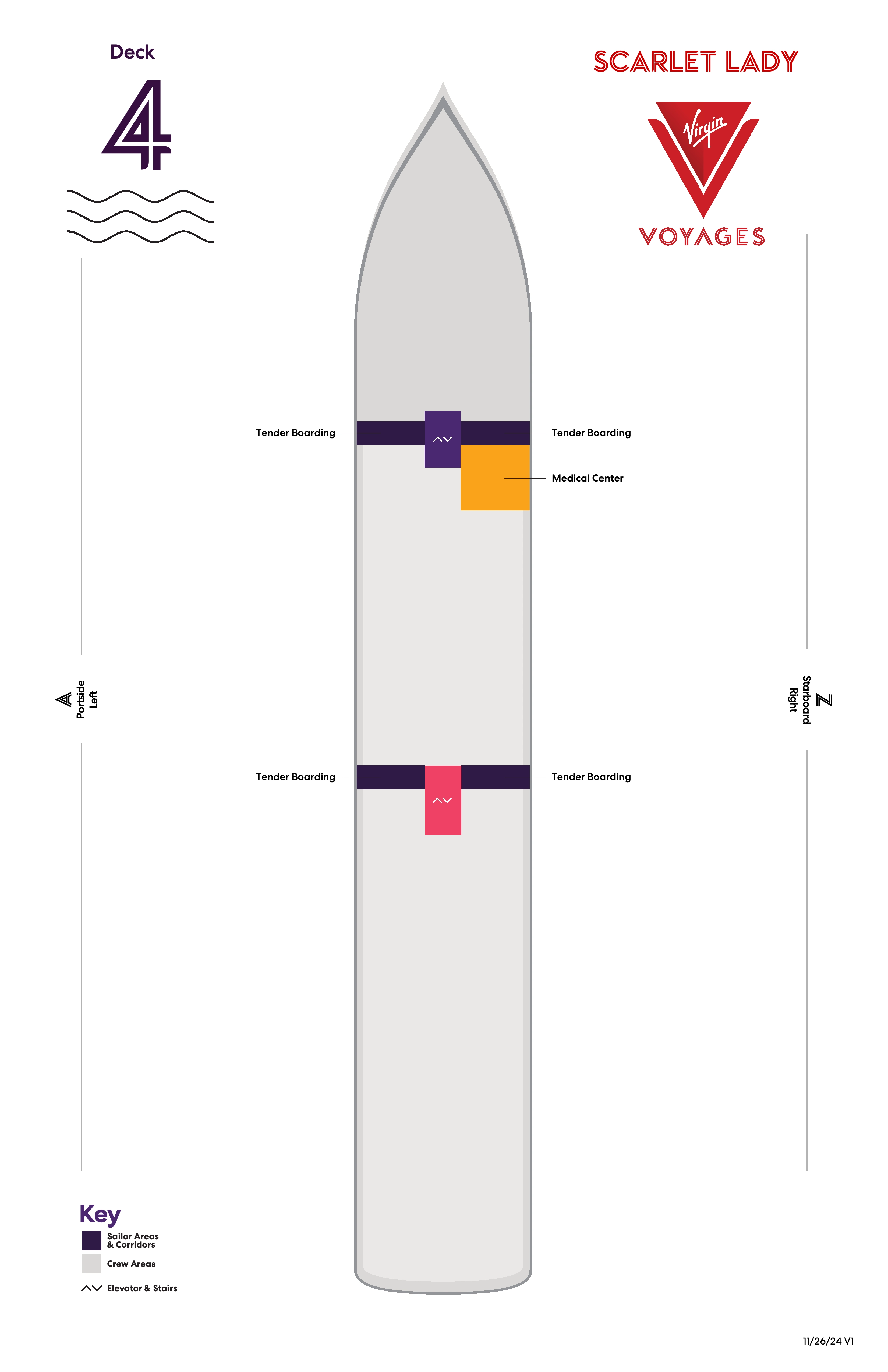 Scarlet Lady, Deck 4: official cabin and venue layout