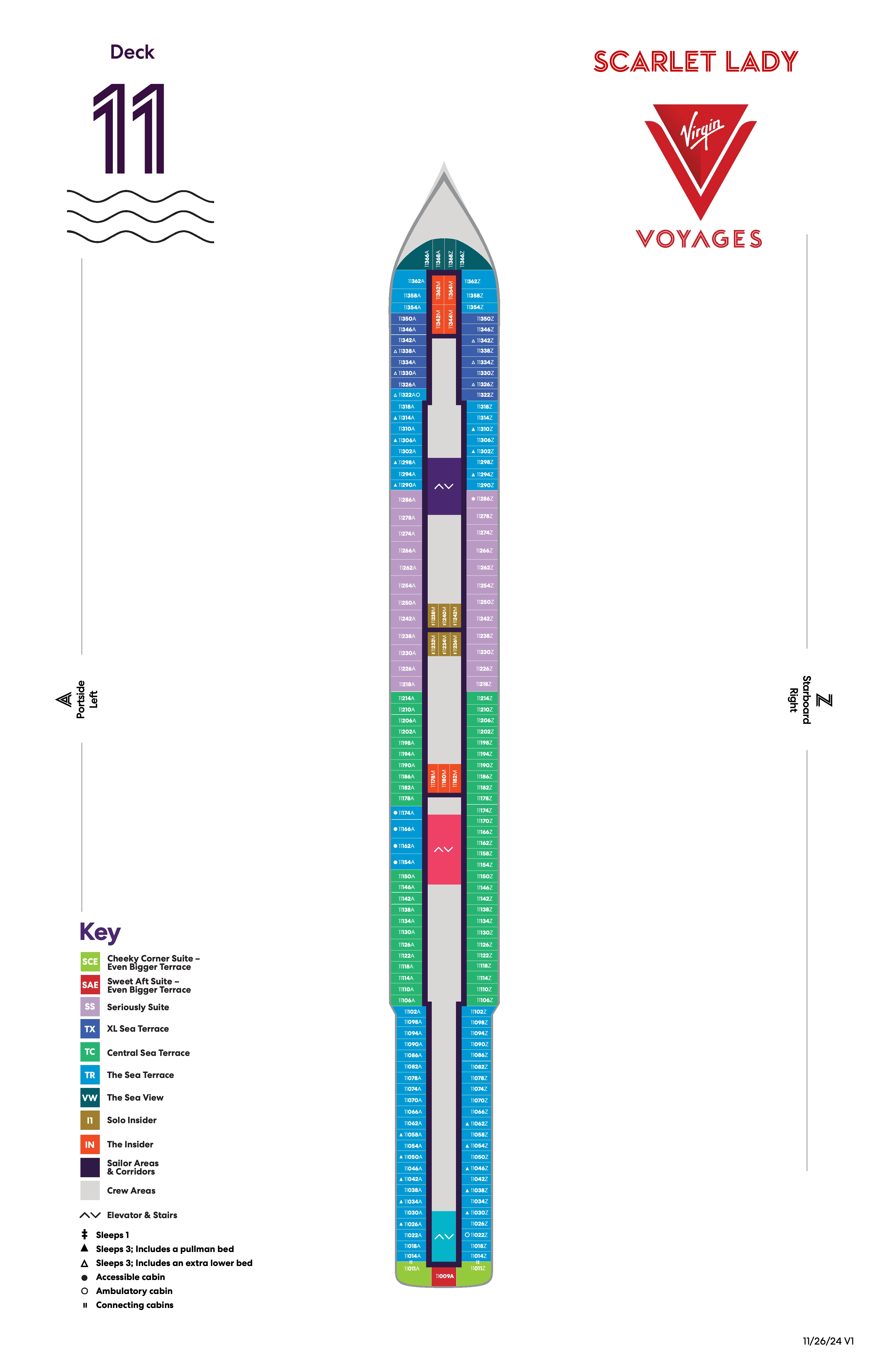 Scarlet Lady, Deck 11: official cabin and venue layout