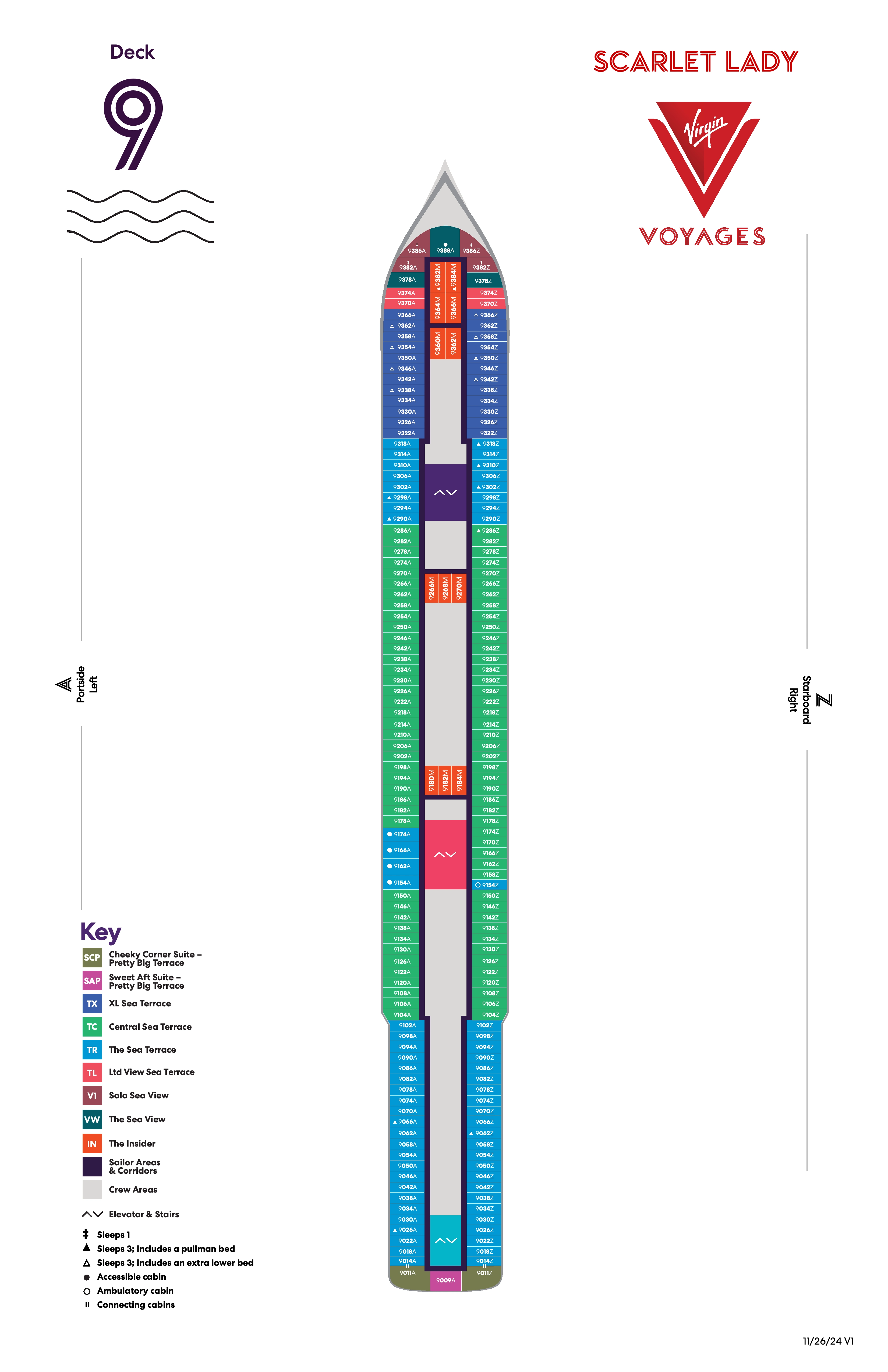 Scarlet Lady, Deck 9: official cabin and venue layout