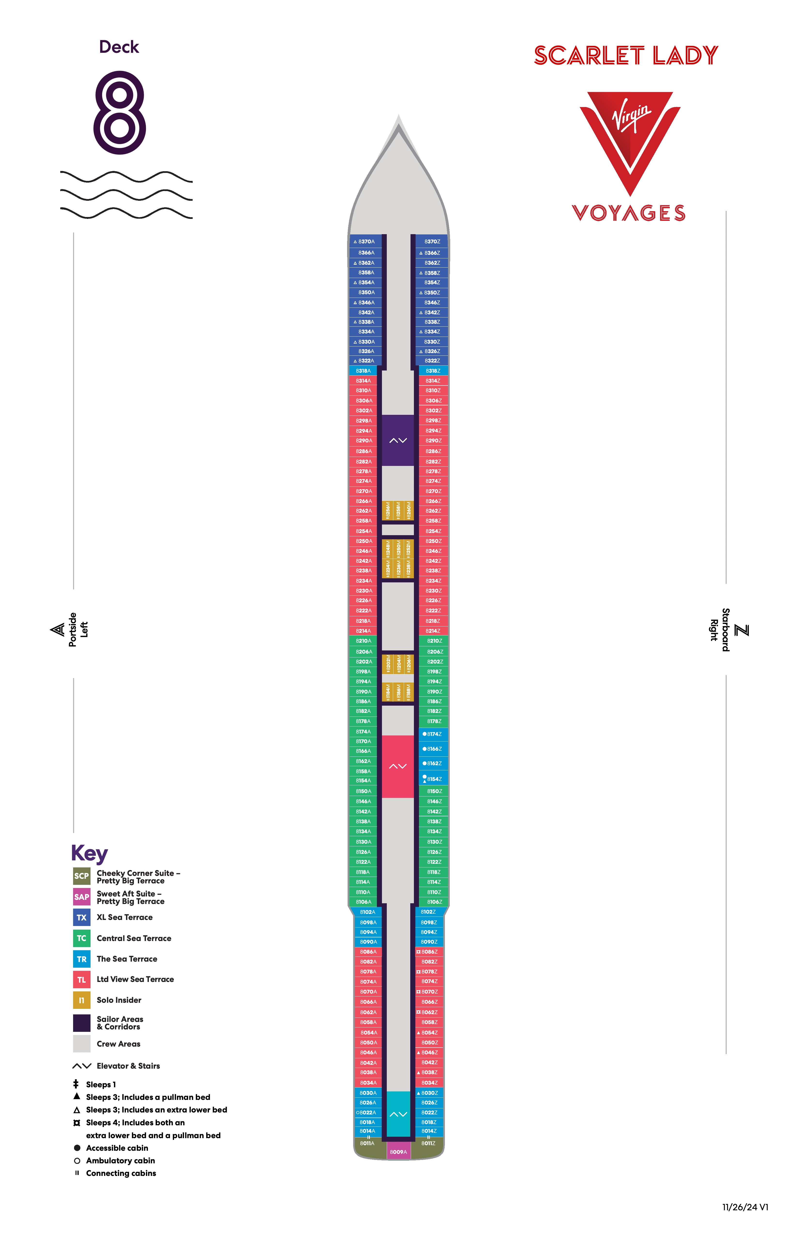 Scarlet Lady, Deck 8: official cabin and venue layout