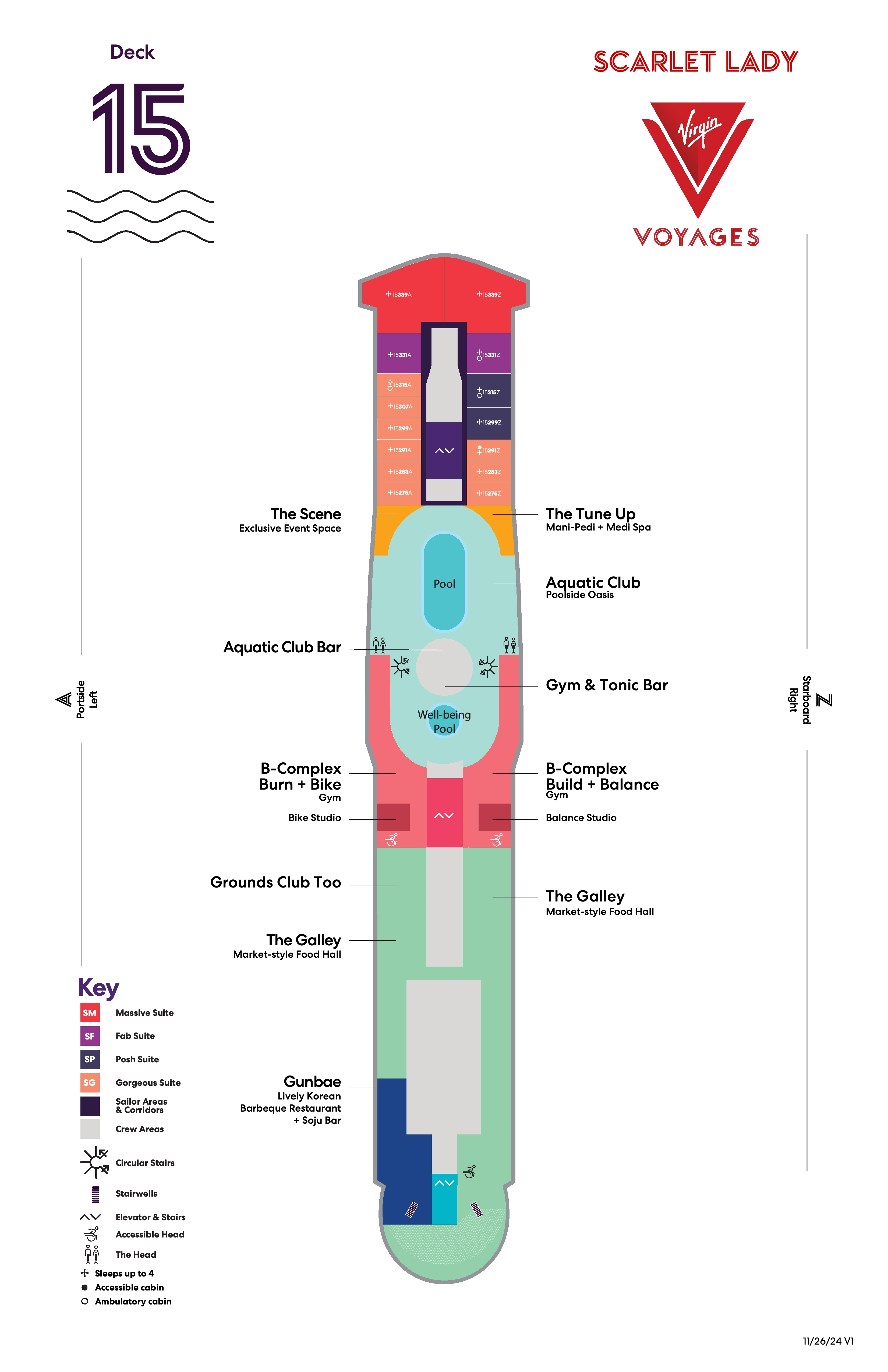 Scarlet Lady, Deck 15: official cabin and venue layout