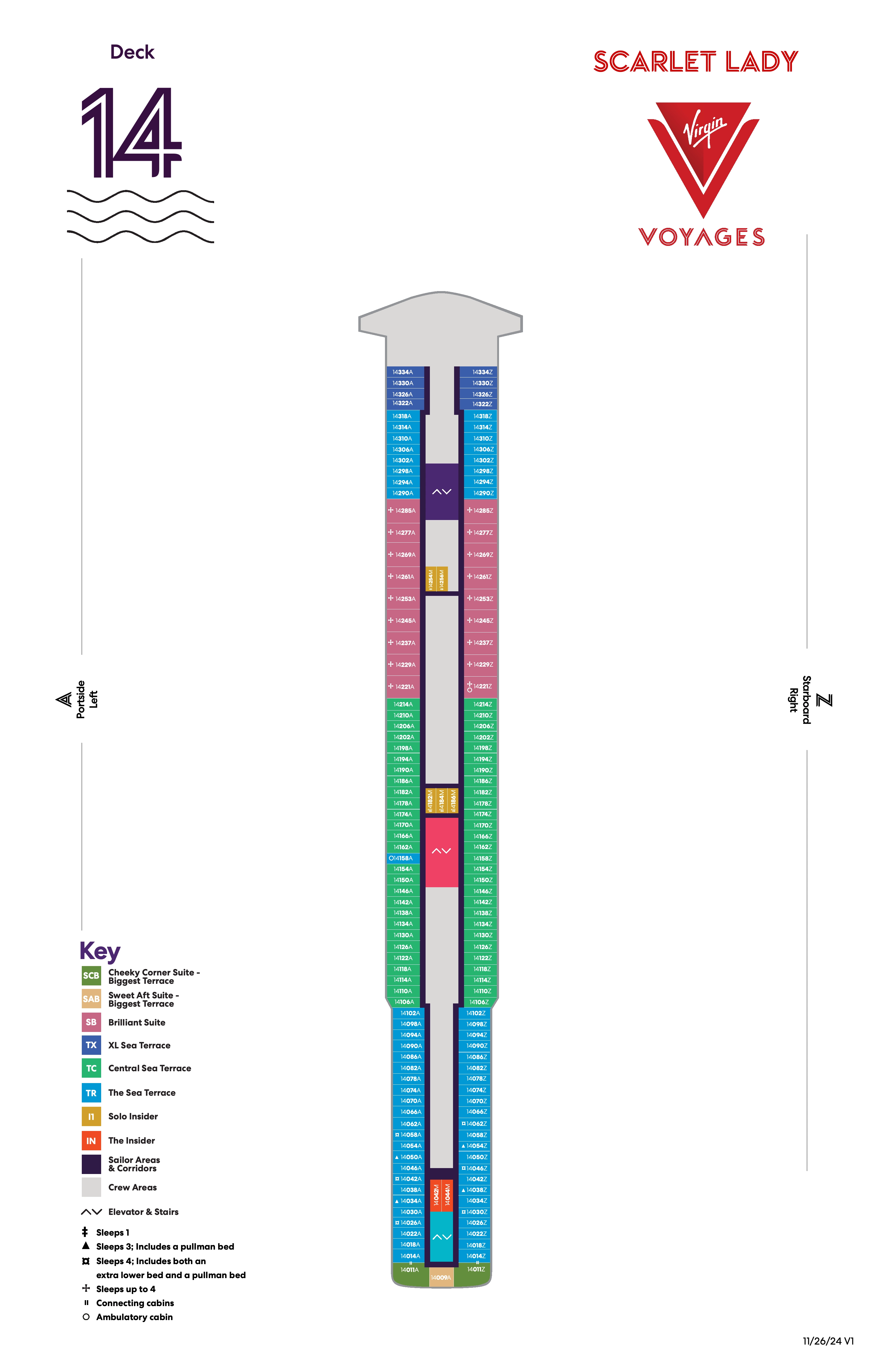 Scarlet Lady, Deck 14: official cabin and venue layout