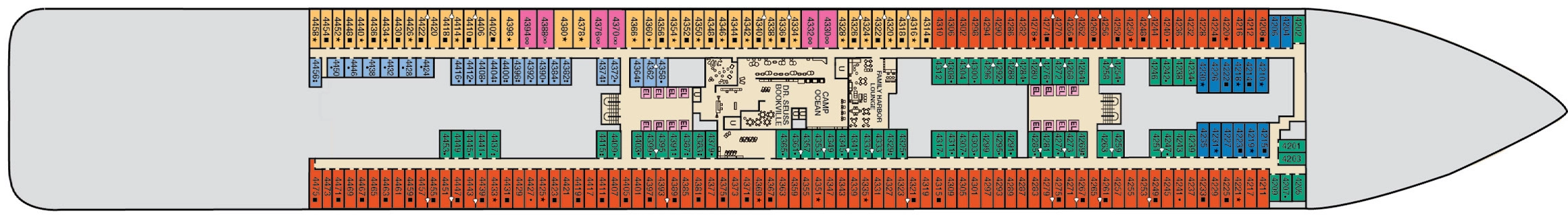 Carnival Jubilee, Deck 4: official cabin and venue layout