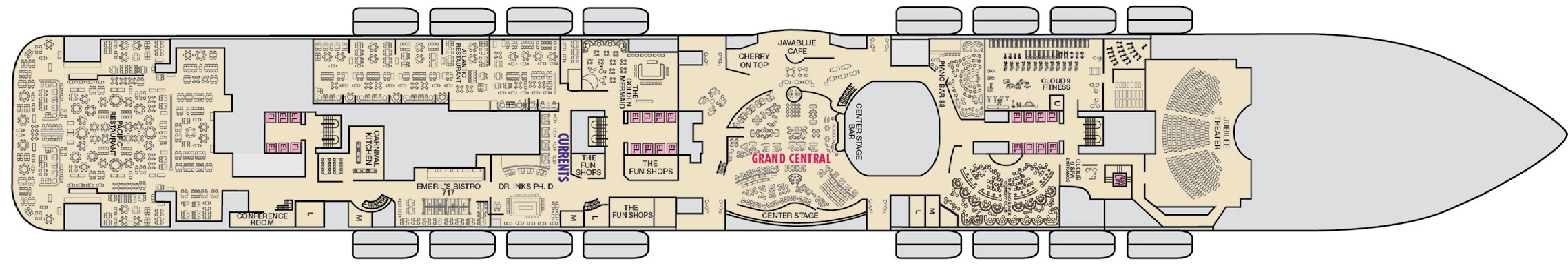 Carnival Jubilee, Deck 6: official cabin and venue layout