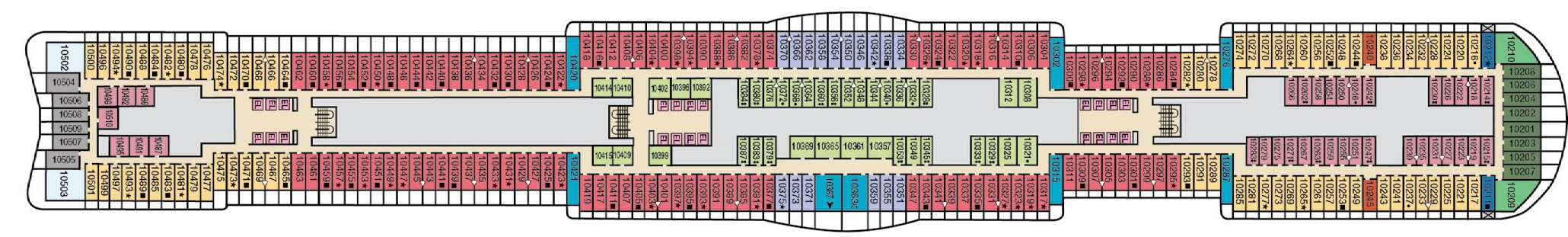 Carnival Jubilee, Deck 10: official cabin and venue layout