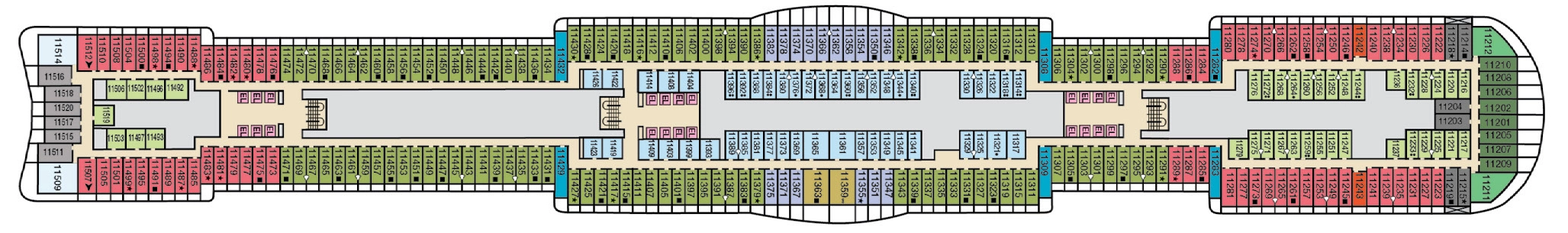 Carnival Jubilee, Deck 11: official cabin and venue layout
