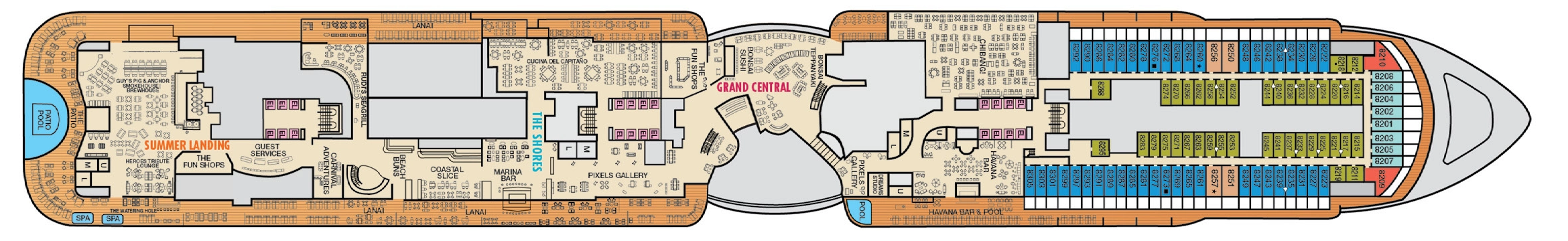 Carnival Jubilee, Deck 8: official cabin and venue layout