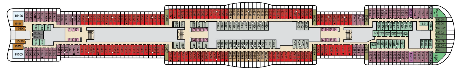 Carnival Jubilee, Deck 15: official cabin and venue layout