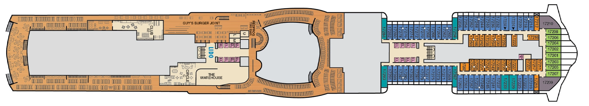 Carnival Jubilee, Deck 17: official cabin and venue layout