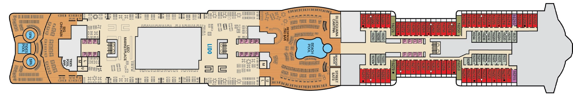 Carnival Jubilee, Deck 16: official cabin and venue layout