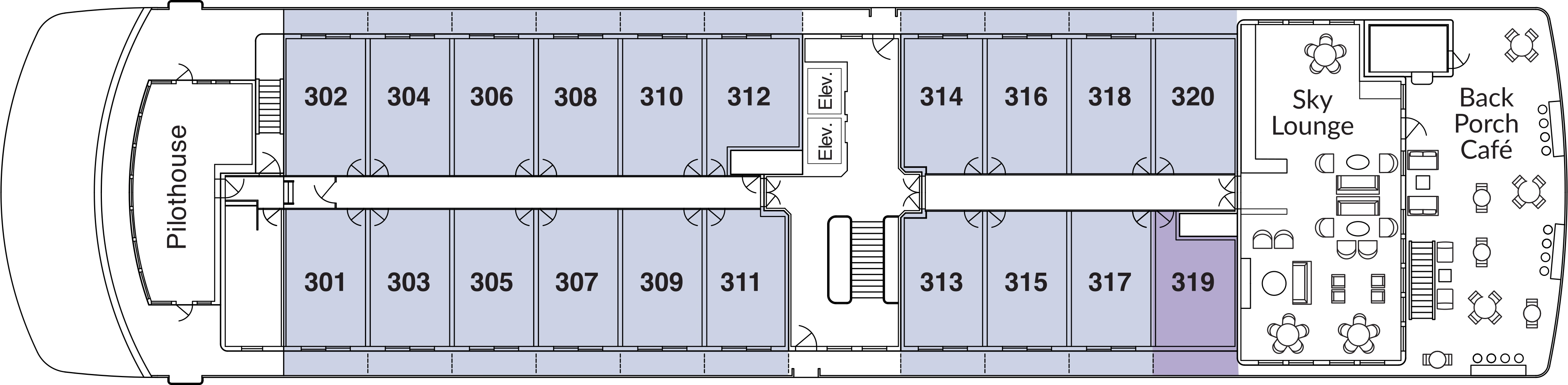 American Eagle, Deck 3: official cabin and venue layout