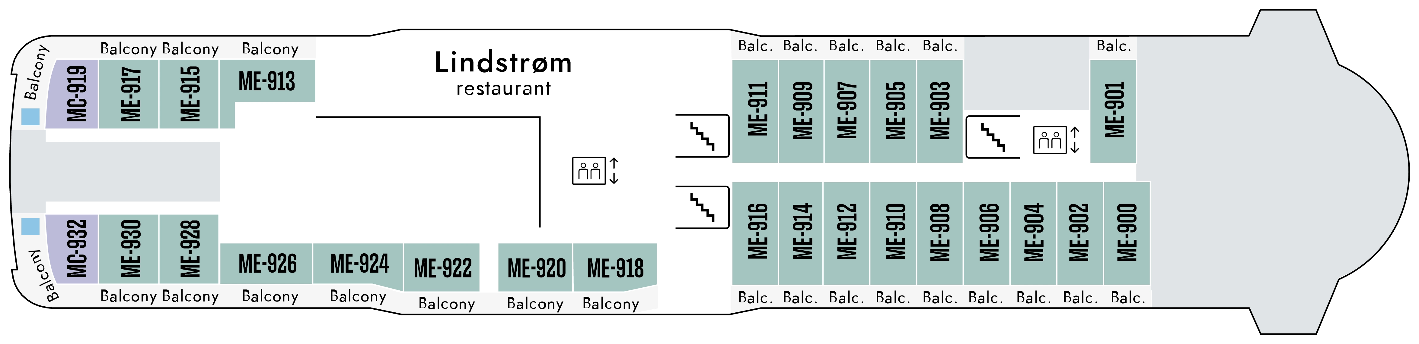 Roald Amundsen, Deck 9: official cabin and venue layout